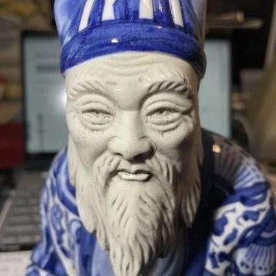 Vintage Japanese Kutani Porcelain Old Mud Man Scholar Figurine Blue & White in Very Good Preowned Condition. 11.5" Tall.