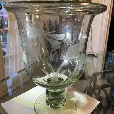 Vintage Exquisite Large Engraved Etched Glass Hand Blown Trifle Footed Bowl or Candle Holder 12.25" Tall in VG Preowned Condition.