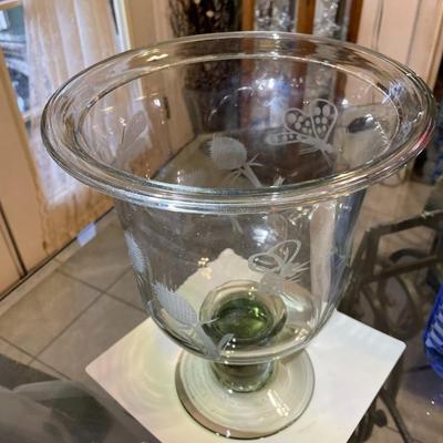 Vintage Exquisite Large Engraved Etched Glass Hand Blown Trifle Footed Bowl or Candle Holder 12.25" Tall in VG Preowned Condition.