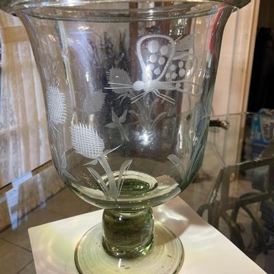 Vintage Exquisite Large Engraved Etched Glass Hand Blown Trifle Footed Bowl or Candle Holder 12.25" Tall in VG Preowned Condition.