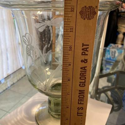 Vintage Exquisite Large Engraved Etched Glass Hand Blown Trifle Footed Bowl or Candle Holder 12.25" Tall in VG Preowned Condition.