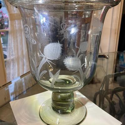 Vintage Exquisite Large Engraved Etched Glass Hand Blown Trifle Footed Bowl or Candle Holder 12.25" Tall in VG Preowned Condition.