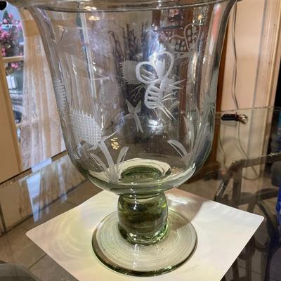 Vintage Exquisite Large Engraved Etched Glass Hand Blown Trifle Footed Bowl or Candle Holder 12.25" Tall in VG Preowned Condition.