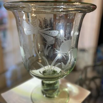 Vintage Exquisite Large Engraved Etched Glass Hand Blown Trifle Footed Bowl or Candle Holder 12.25" Tall in VG Preowned Condition.