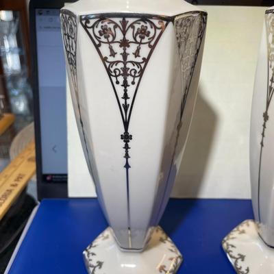 Scarce Pair of Lenox 9" Centennial Vases w/Sterling Silver Overlay Only 250 Total Pieces Made in the USA in VG Condition.