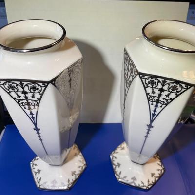 Scarce Pair of Lenox 9" Centennial Vases w/Sterling Silver Overlay Only 250 Total Pieces Made in the USA in VG Condition.