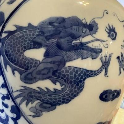 Chinese Blue & White Dragon Jar/Vase Heavy Porcelain Body Boldly Painted in Cobalt Blue w/4 Four-Clawed 12-1/2" Tall Preowned.