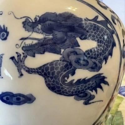 Chinese Blue & White Dragon Jar/Vase Heavy Porcelain Body Boldly Painted in Cobalt Blue w/4 Four-Clawed 12-1/2" Tall Preowned.