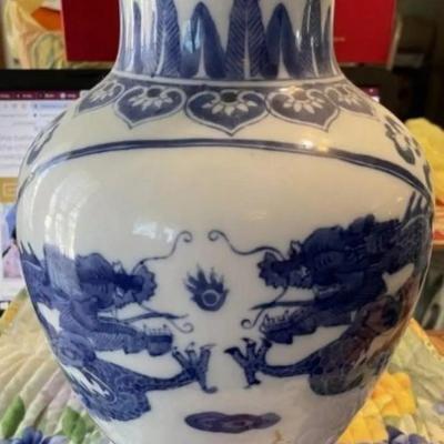 Chinese Blue & White Dragon Jar/Vase Heavy Porcelain Body Boldly Painted in Cobalt Blue w/4 Four-Clawed 12-1/2" Tall Preowned.