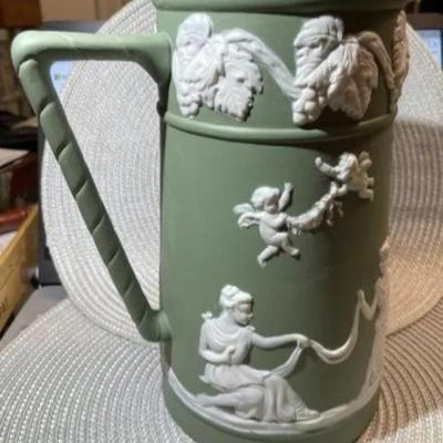 Antique Sage Green Unmarked Base Jasperware Large Pitcher 9" Tall in VG Preowned Condition.