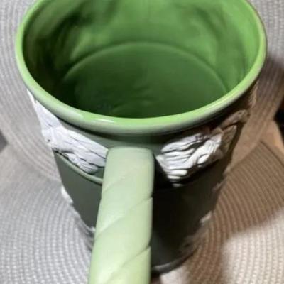 Antique Sage Green Unmarked Base Jasperware Large Pitcher 9" Tall in VG Preowned Condition.