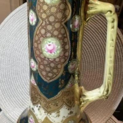 Antique Victorian Era Decorated Tankard/Pitcher Unmarked Base 13.5" Tall in Good Preowned Condition.