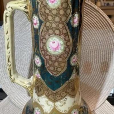 Antique Victorian Era Decorated Tankard/Pitcher Unmarked Base 13.5" Tall in Good Preowned Condition.
