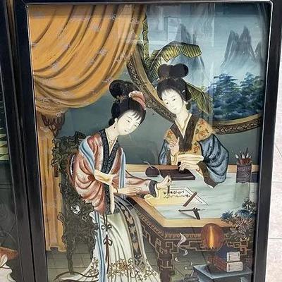 Pair of Vintage Chinese Reverse Glass Paintings 19.5" x 27.25" Preowned from an Estate Cleanout in VG Condition.