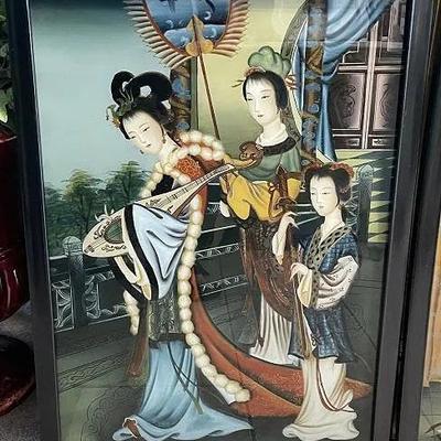 Pair of Vintage Chinese Reverse Glass Paintings 19.5" x 27.25" Preowned from an Estate Cleanout in VG Condition.
