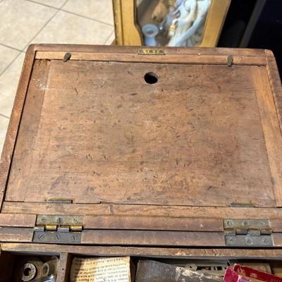 Antique Primitive Wood Toolbox w/2-Handles, Top Compartment 14" x 10" x 9" with Tools included as Pictured.