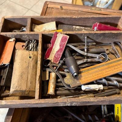 Antique Primitive Wood Toolbox w/2-Handles, Top Compartment 14" x 10" x 9" with Tools included as Pictured.