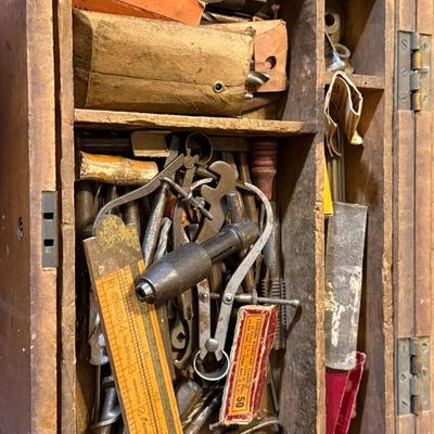 Antique Primitive Wood Toolbox w/2-Handles, Top Compartment 14" x 10" x 9" with Tools included as Pictured.