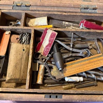 Antique Primitive Wood Toolbox w/2-Handles, Top Compartment 14" x 10" x 9" with Tools included as Pictured.