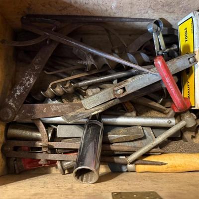 Antique Primitive Wood Toolbox w/2-Handles, Top Compartment 14" x 10" x 9" with Tools included as Pictured.