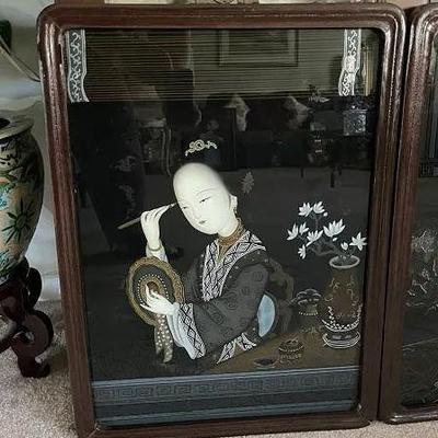Antique Chinese Pair of Reverse Paintings on Glass 17" x 23" in VG Preowned Condition from an Estate Cleanout.