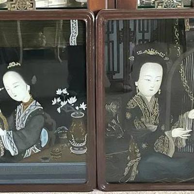 Antique Chinese Pair of Reverse Paintings on Glass 17" x 23" in VG Preowned Condition from an Estate Cleanout.