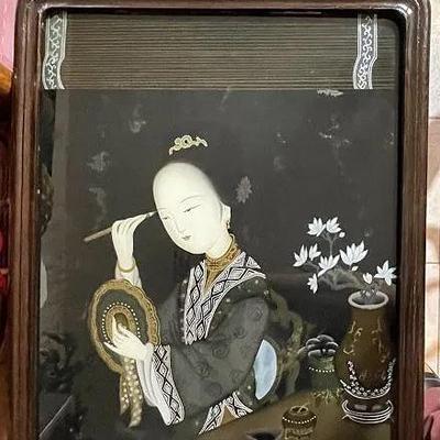 Antique Chinese Pair of Reverse Paintings on Glass 17" x 23" in VG Preowned Condition from an Estate Cleanout.