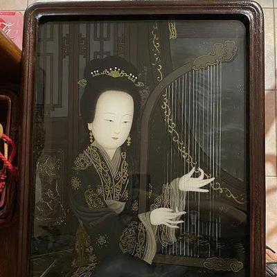 Antique Chinese Pair of Reverse Paintings on Glass 17" x 23" in VG Preowned Condition from an Estate Cleanout.