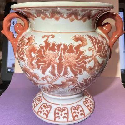 Vintage Asian Hand Painted Porcelain Double Handled Coral Colored 8" Tall Heavy Vase Preowned from an Estate in Good Condition.