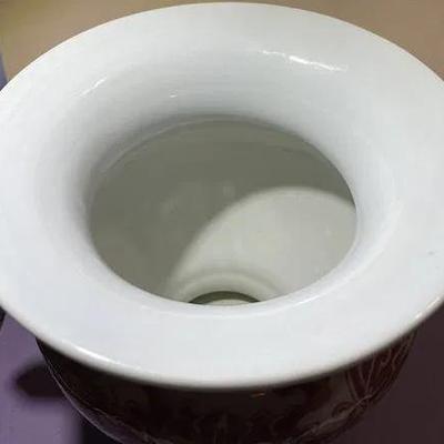 Vintage Asian Hand Painted Porcelain Double Handled Coral Colored 8" Tall Heavy Vase Preowned from an Estate in Good Condition.