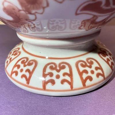 Vintage Asian Hand Painted Porcelain Double Handled Coral Colored 8" Tall Heavy Vase Preowned from an Estate in Good Condition.