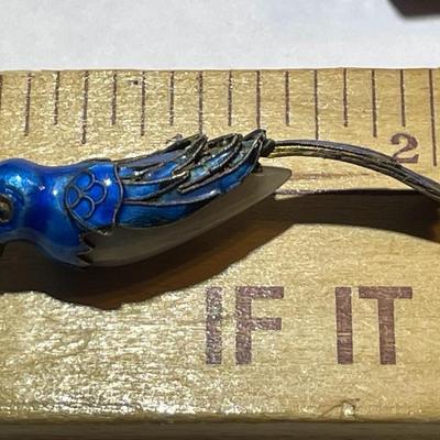 Antique Chinese Export Jade Cocoon Blue Bird Enamel Gilded Silver Pendant in VG Preowned Condition