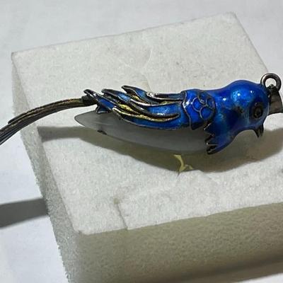 Antique Chinese Export Jade Cocoon Blue Bird Enamel Gilded Silver Pendant in VG Preowned Condition