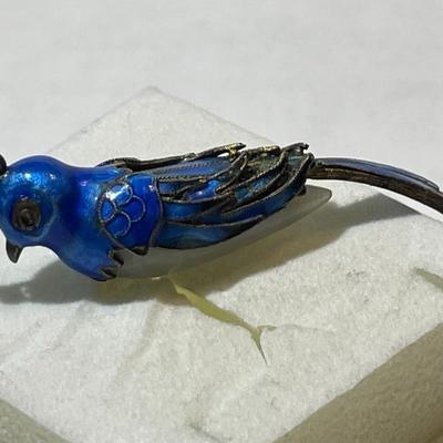 Antique Chinese Export Jade Cocoon Blue Bird Enamel Gilded Silver Pendant in VG Preowned Condition
