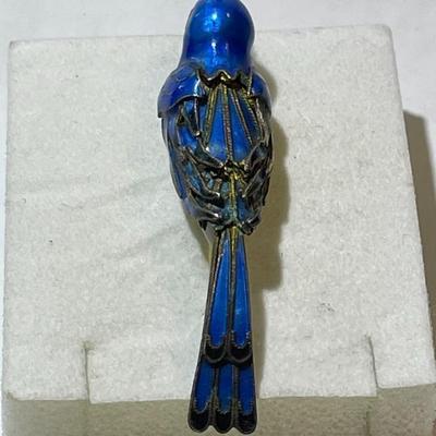Antique Chinese Export Jade Cocoon Blue Bird Enamel Gilded Silver Pendant in VG Preowned Condition
