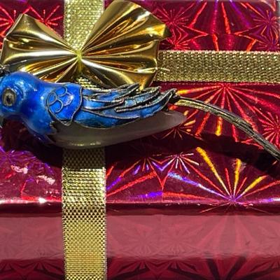 Antique Chinese Export Jade Cocoon Blue Bird Enamel Gilded Silver Pendant in VG Preowned Condition