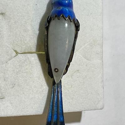 Antique Chinese Export Jade Cocoon Blue Bird Enamel Gilded Silver Pendant in VG Preowned Condition