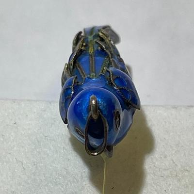 Antique Chinese Export Jade Cocoon Blue Bird Enamel Gilded Silver Pendant in VG Preowned Condition
