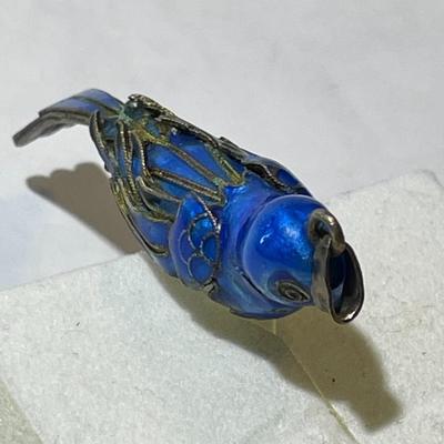 Antique Chinese Export Jade Cocoon Blue Bird Enamel Gilded Silver Pendant in VG Preowned Condition