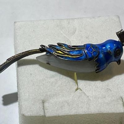 Antique Chinese Export Jade Cocoon Blue Bird Enamel Gilded Silver Pendant in VG Preowned Condition