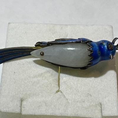 Antique Chinese Export Jade Cocoon Blue Bird Enamel Gilded Silver Pendant in VG Preowned Condition