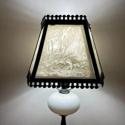 Antique Scarce Small Lithophane Slag Glass Lamp c1870's in VG Preowned Condition as Pictured.