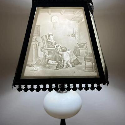 Antique Scarce Small Lithophane Slag Glass Lamp c1870's in VG Preowned Condition as Pictured.