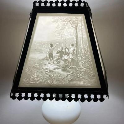 Antique Scarce Small Lithophane Slag Glass Lamp c1870's in VG Preowned Condition as Pictured.