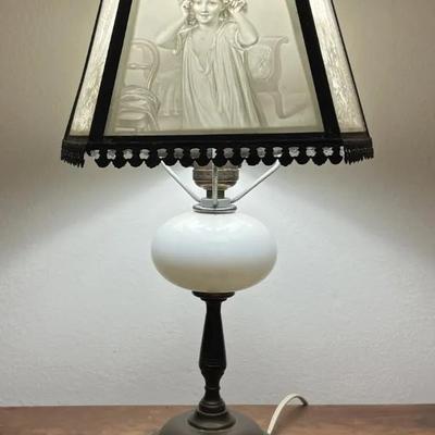 Antique Scarce Small Lithophane Slag Glass Lamp c1870's in VG Preowned Condition as Pictured.