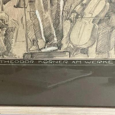 LOUIS H. VERNON (Artist) Charcoal/Drawing of Conductor & Orchestra 23" x 26" in Good Preowned Condition.