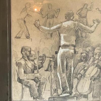 LOUIS H. VERNON (Artist) Charcoal/Drawing of Conductor & Orchestra 23" x 26" in Good Preowned Condition.