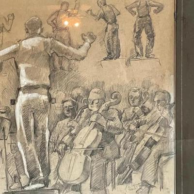 LOUIS H. VERNON (Artist) Charcoal/Drawing of Conductor & Orchestra 23" x 26" in Good Preowned Condition.