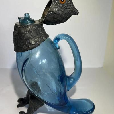 Antique Very Scarce Blue Glass Owl Decanter with Stopper 8" Tall in VG Preowned Condition.