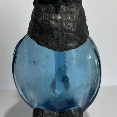 Antique Very Scarce Blue Glass Owl Decanter with Stopper 8" Tall in VG Preowned Condition.